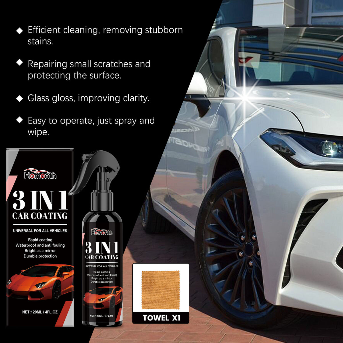 Homonth 3-In-1 Car Coating Spray, Car Coating Paint Surface Waxing, Stain Cleaning, Polishing And Maintenance Spray